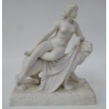 A Parianware figure, a nude draped over the body of a prowling big cat, on a plinth  10.5"h