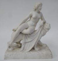 A Parianware figure, a nude draped over the body of a prowling big cat, on a plinth  10.5"h