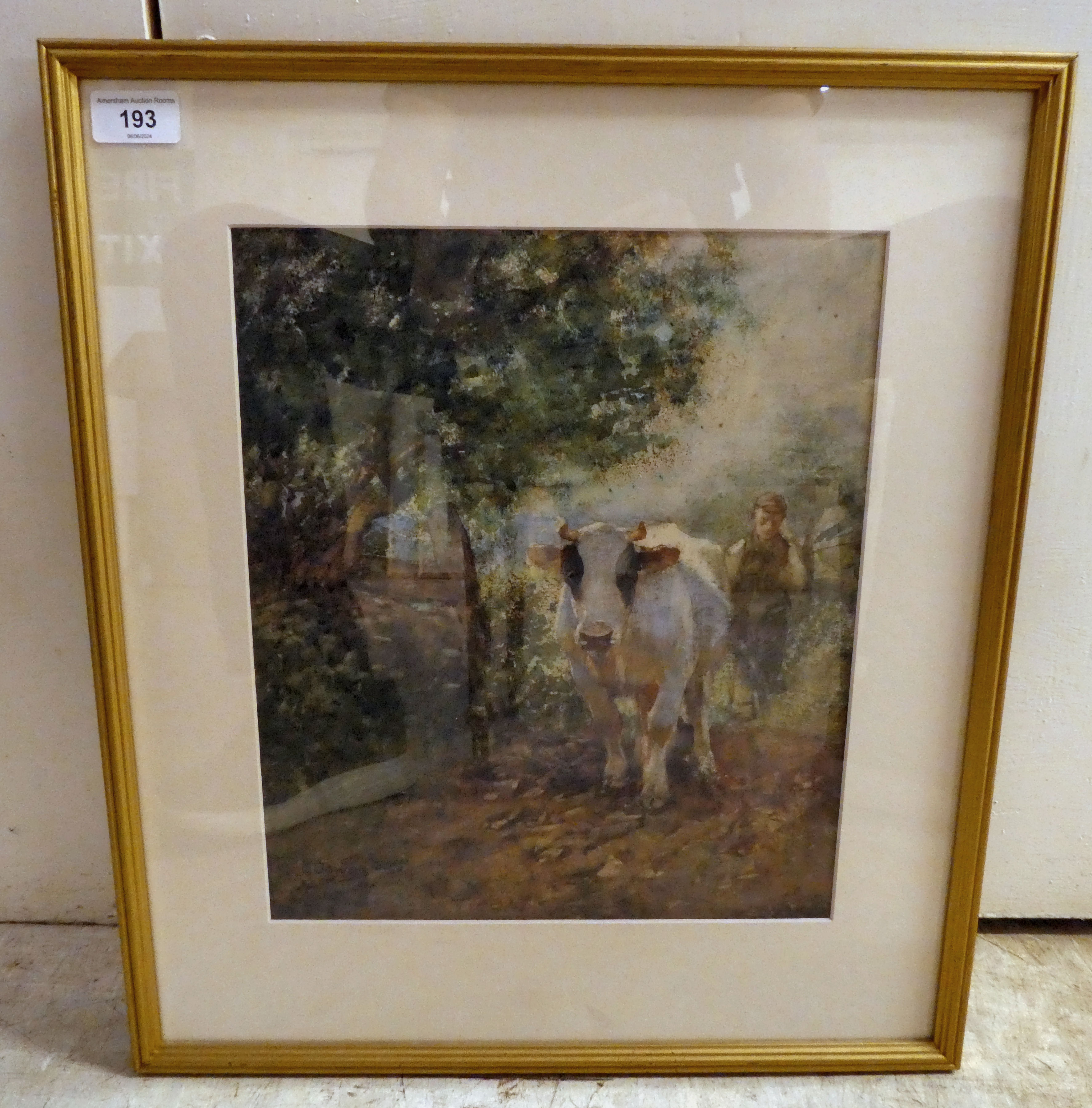 E Downs - a stable bay and cow  watercolour  bears a signature  11" x 13"  framed