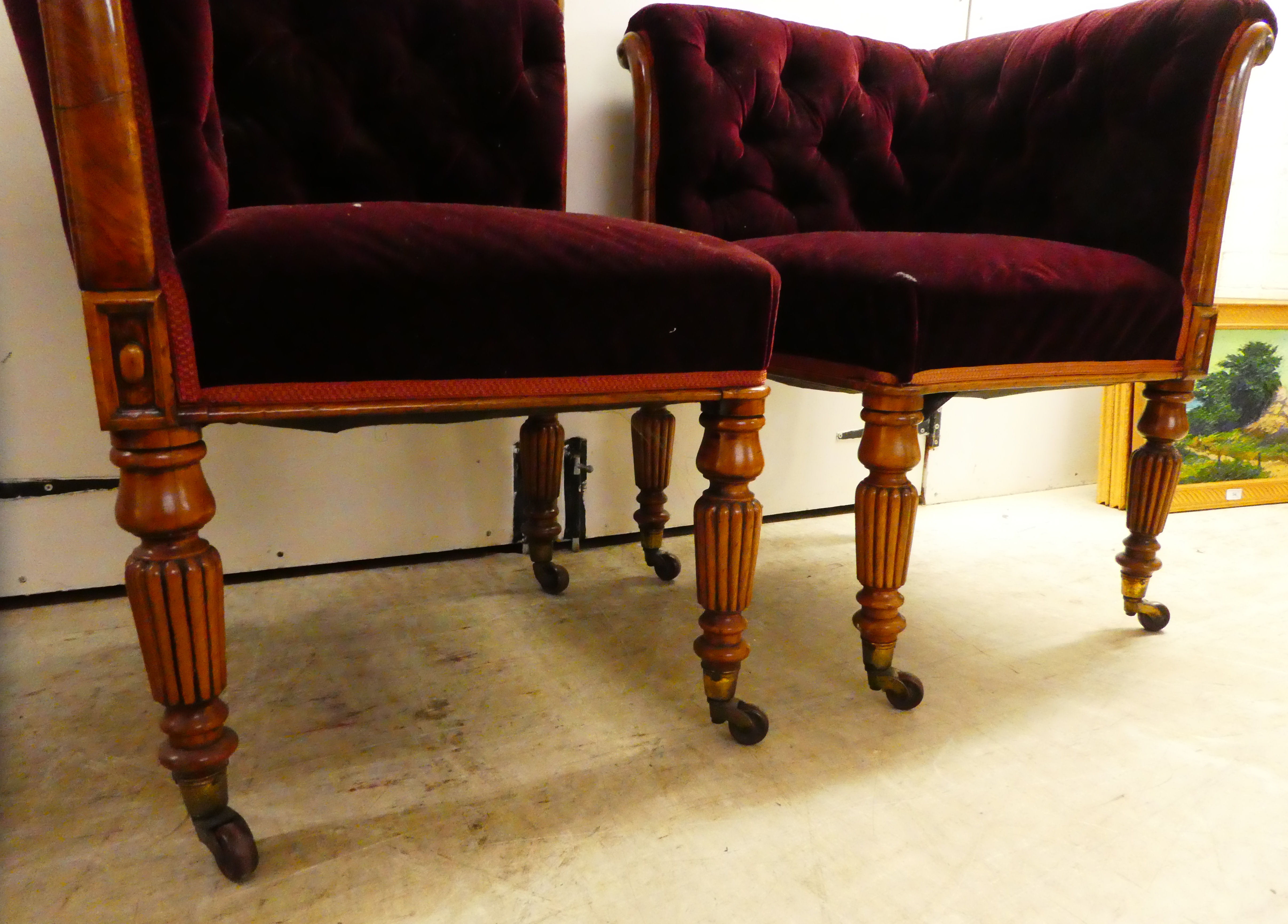 A pair of late Regency walnut showwood framed salon corner chairs, later part button upholstered - Image 4 of 4