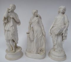Three Parianware female figures, in classical attire, two with sheaves of corn  13" - 14"h