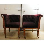 A pair of late Regency walnut showwood framed salon corner chairs, later part button upholstered