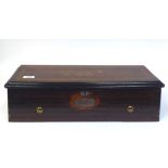 A late Victorian music box, the part ebonised and rosewood finished case with marquetry ornament