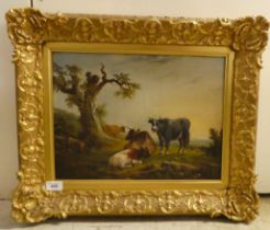 Late 19thC European School - cattle on a hillside  oil on canvas  11" x 15"  framed