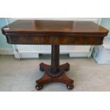 A William IV mahogany tea table, the D-shape foldover top with a deep frieze and bead carved