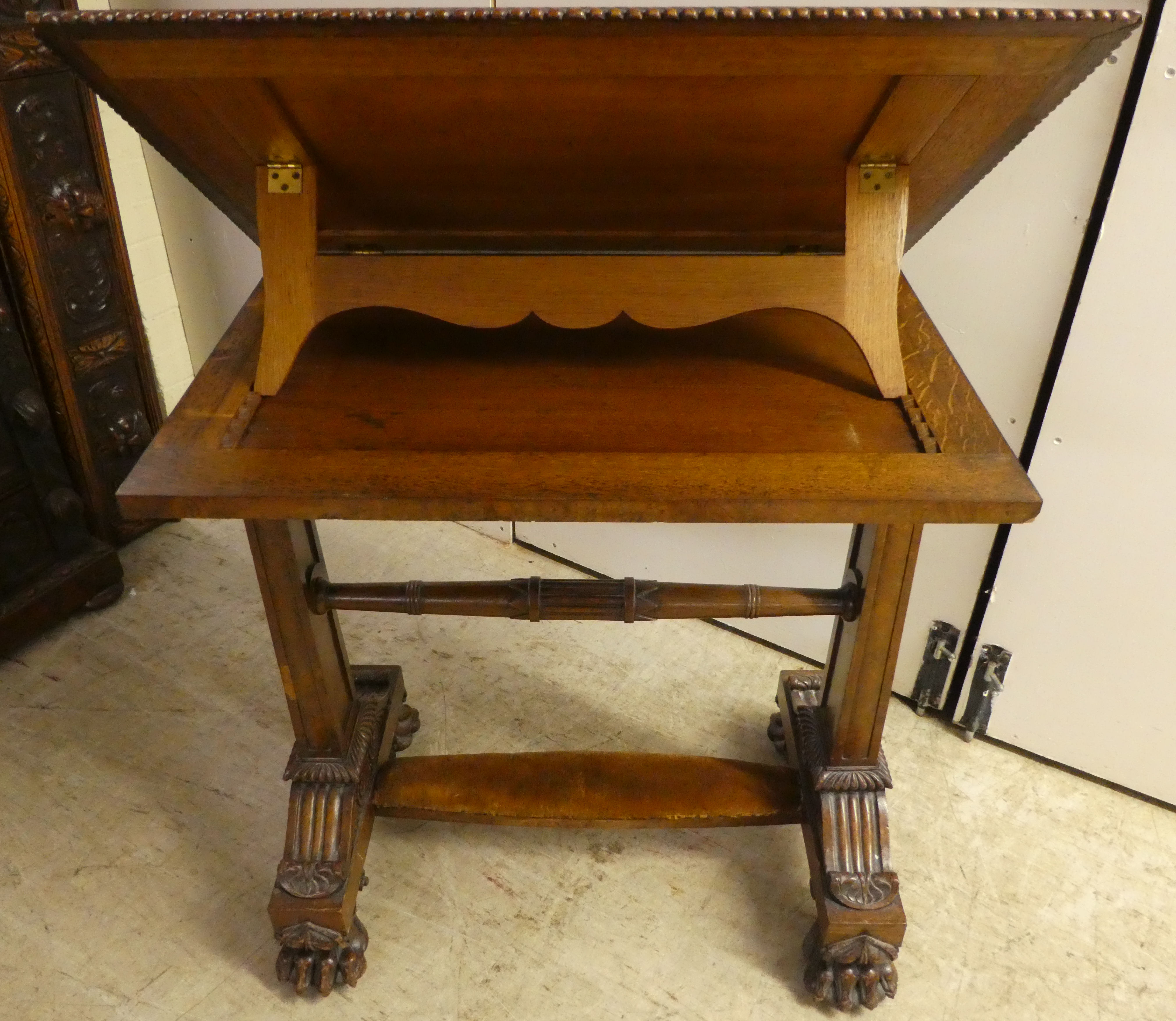 An early Victorian burr walnut writing table, the top with a hinged, tooled scriber, over opposing - Image 5 of 6