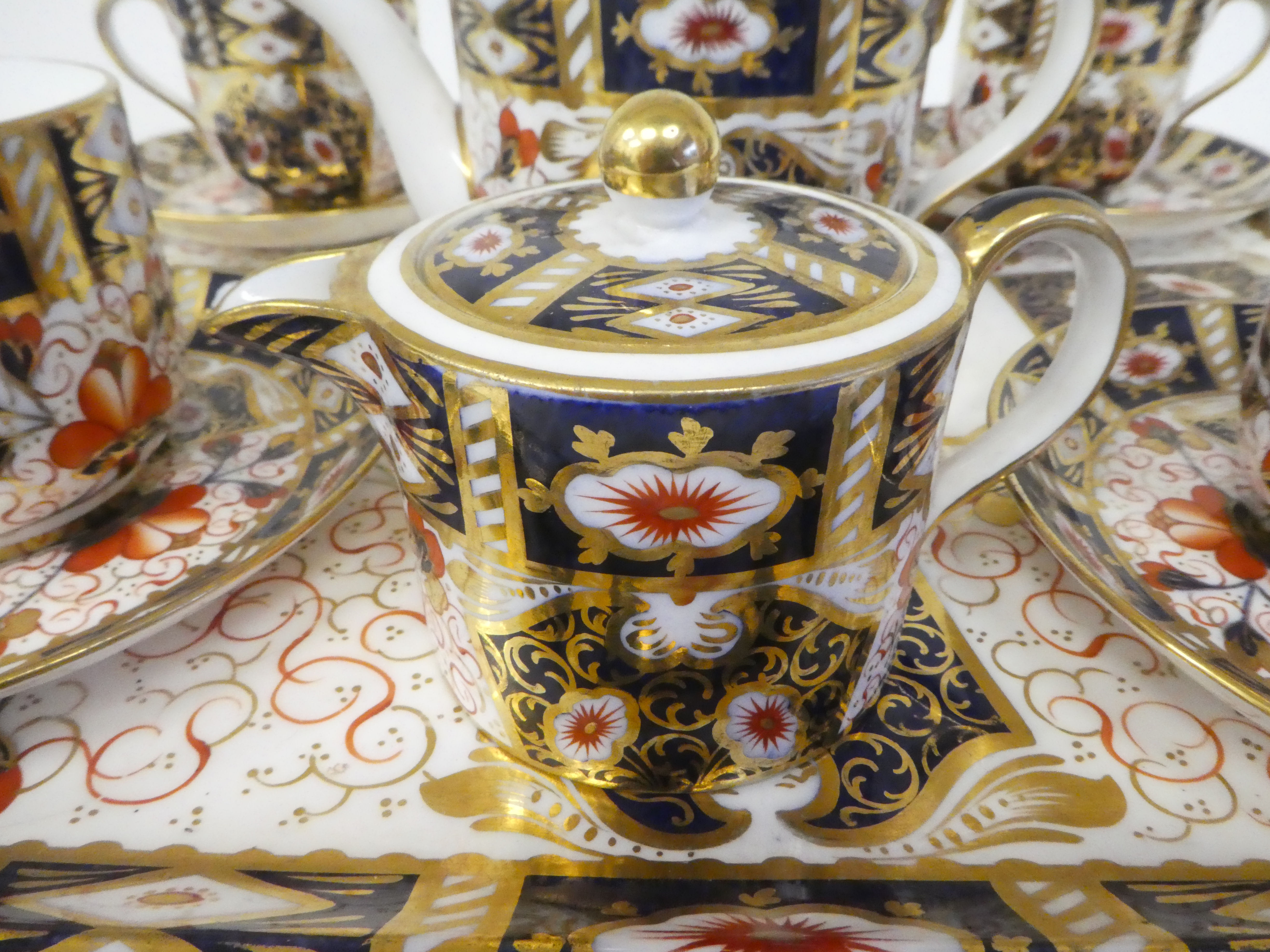 A Wedgwood china Old Imari pattern tea set  comprising a drum design teapot, twin handled sugar - Image 2 of 6