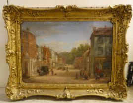 Victorian School - a period street scene  oil on canvas  13" x 20"  framed