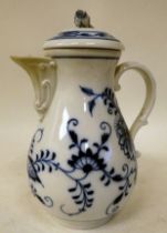 A Meissen porcelain pear shaped lidded jug, decorated in blue and white