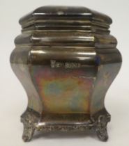 An Edwardian silver tea caddy of panelled, elongated octagonal form with a hinged lid, on
