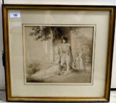 Early 19thC Continental School - a period family, resting by a tree  monochrome watercolour  9" x
