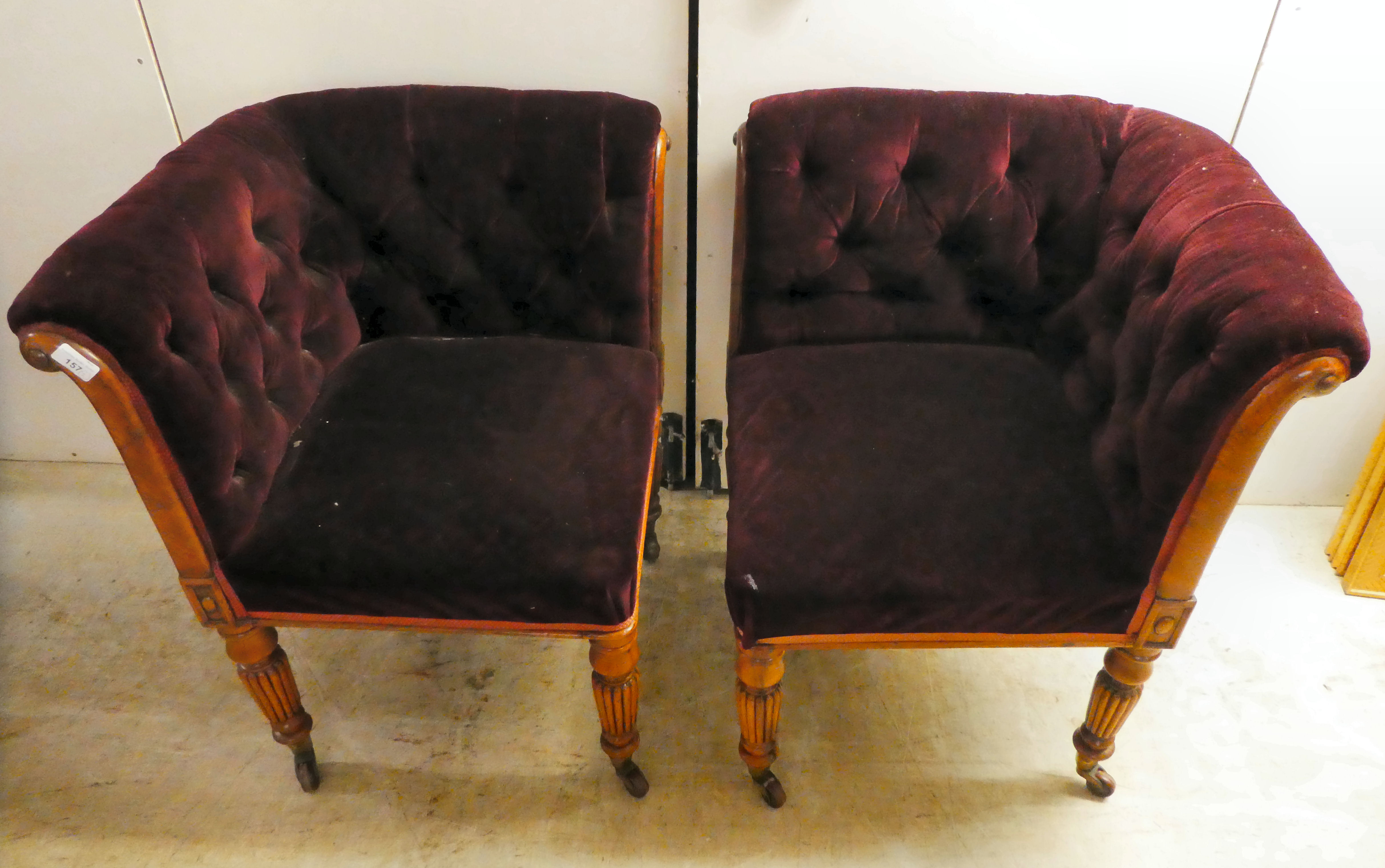 A pair of late Regency walnut showwood framed salon corner chairs, later part button upholstered - Image 2 of 4