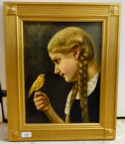 Gerd Krusmann - a teenager, holding a bird  oil on board  bears a signature  11" x 15"  framed
