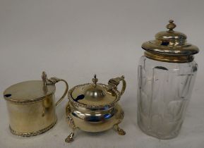 Three silver condiments pots, viz. two dissimilar mustard pots; and another  mixed marks