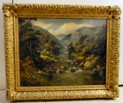 H Miles - two men fishing in a river  oil on canvas  bears a signature  13" x 18"  framed