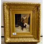 Late 19thC European School - a boy and his dog leaving the house  oil on board  bears an