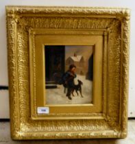 Late 19thC European School - a boy and his dog leaving the house  oil on board  bears an