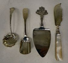Four items of silver flatware, viz. a cake slice; a sifter spoon; a Scottish sugar spoon; and a