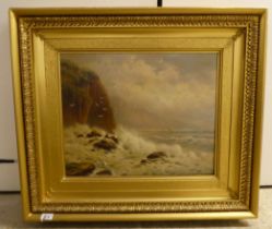WH Handy - a shoreline with crashing waves and gulls  oil on canvas  bears a signature  16" x 21"