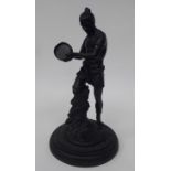 A late 19thC cast and patinated bronze figure, an African native figure with a tambourine  11"h