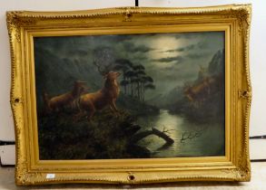 Early/mid 20thC British School - stags and deer, under a moonlit riverscape  oil on canvas  23" x