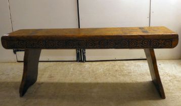 A late 19thC (probably Colonial) carved pine, planked bench  48"w