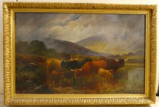 Late 19th/early 20thC Scottish School - highland cattle grazing by a lake  oil on canvas  bears an