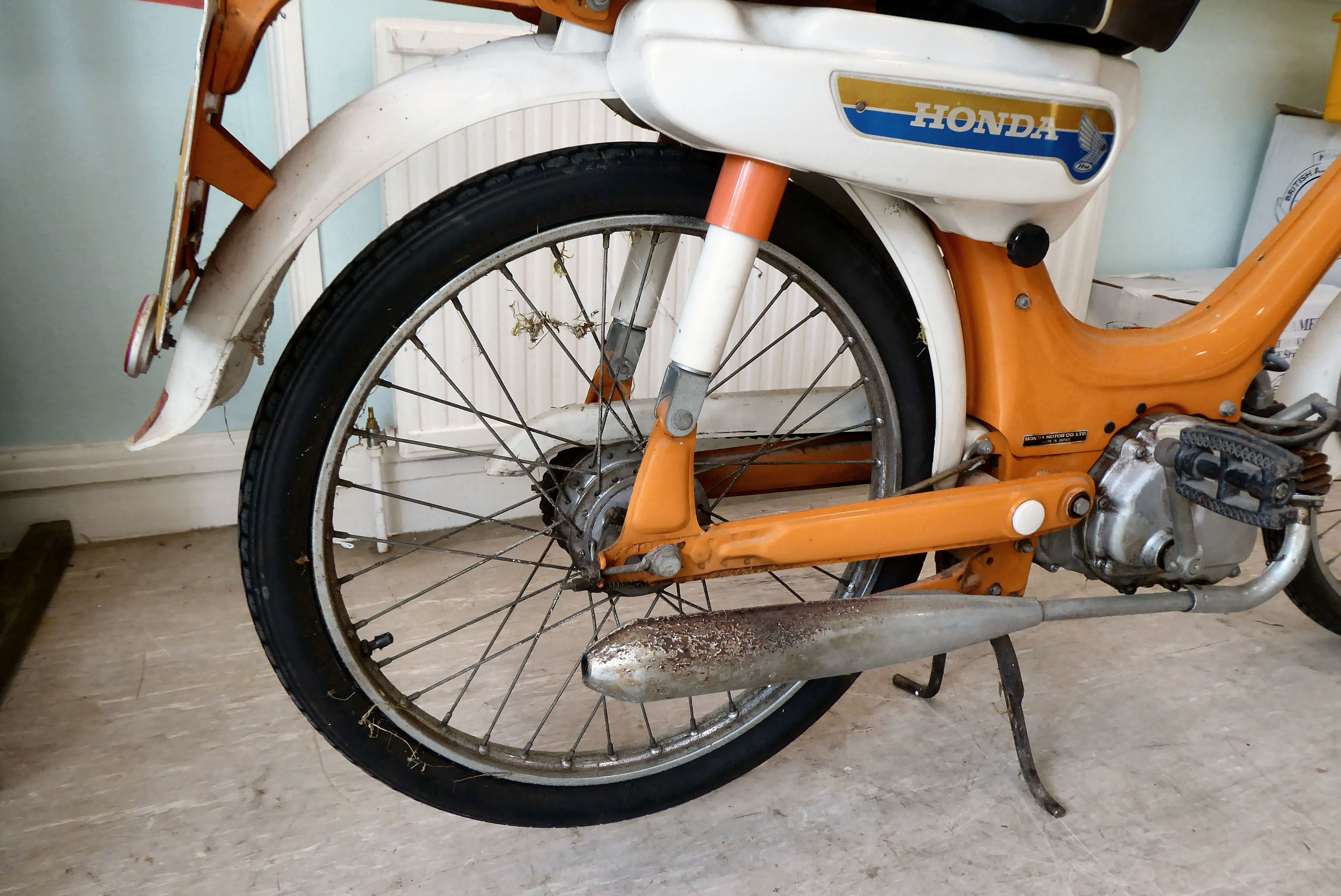 A 1975 Honda 49cc moped in orange and white livery, original registration plates for JGS 258N but no - Image 2 of 12
