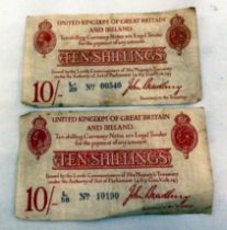 British banknotes, two 2nd Bradbury issue ten shillings 1915-1925, Signatory Bradbury  Li N000540