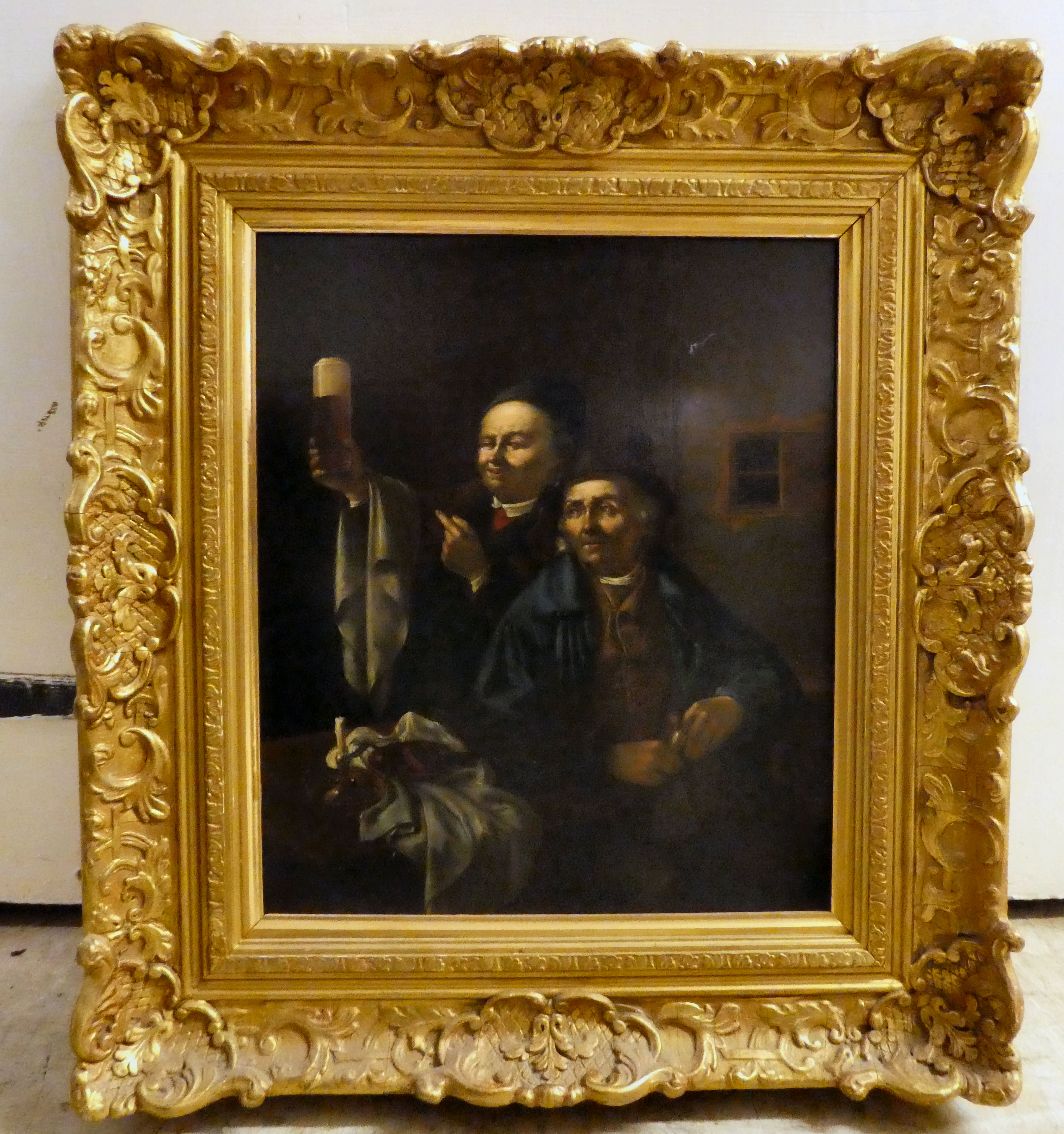 19thC European School - two men in a tavern  oil on board  12" x 10"  framed