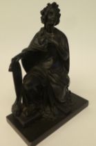 A late 19thC cast and patinated bronze figure, a classical maiden, seated with a harp, on a