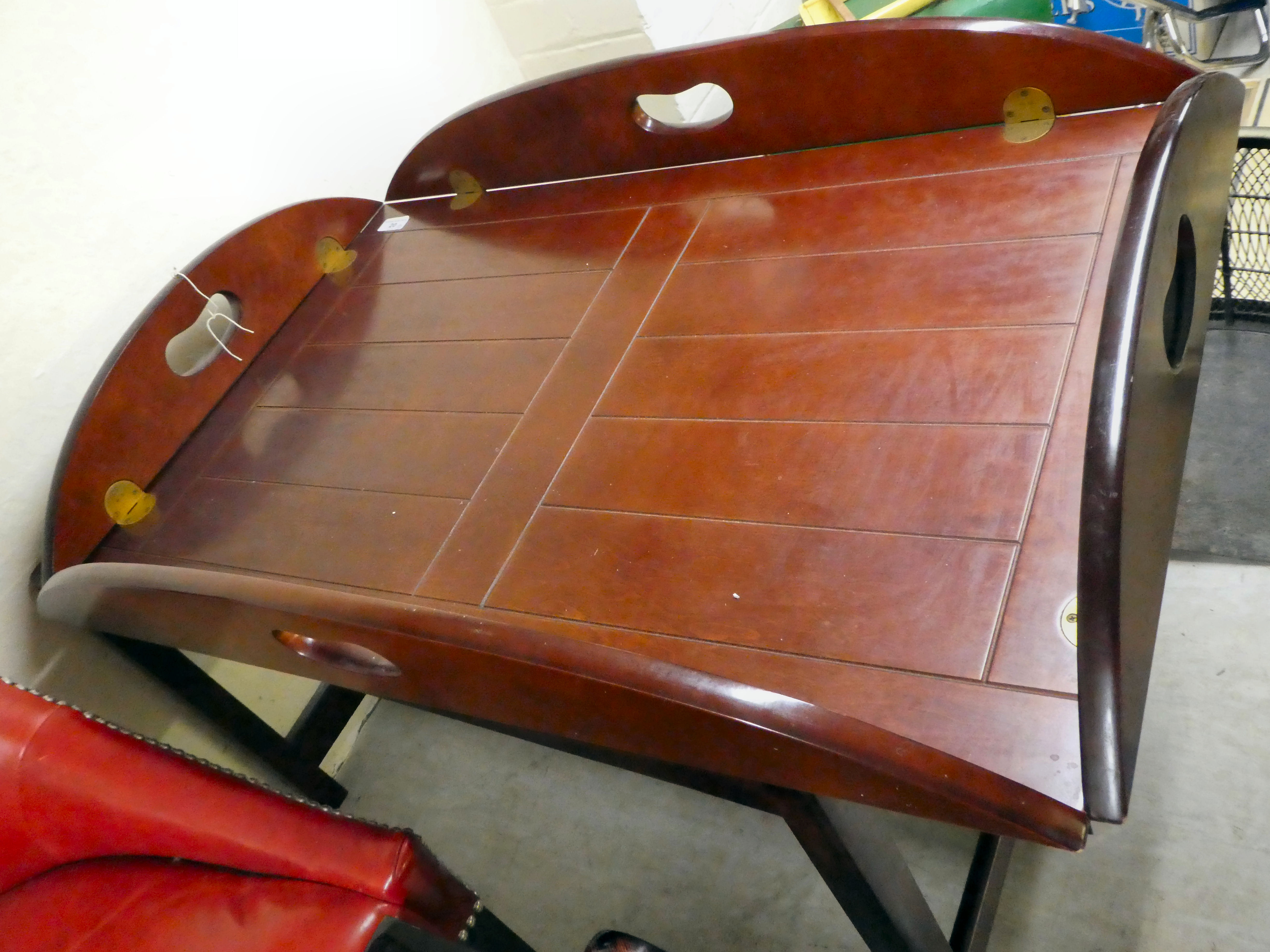 A modern mahogany butler's tray design coffee table, the top with folding flaps, raised on square - Image 2 of 2