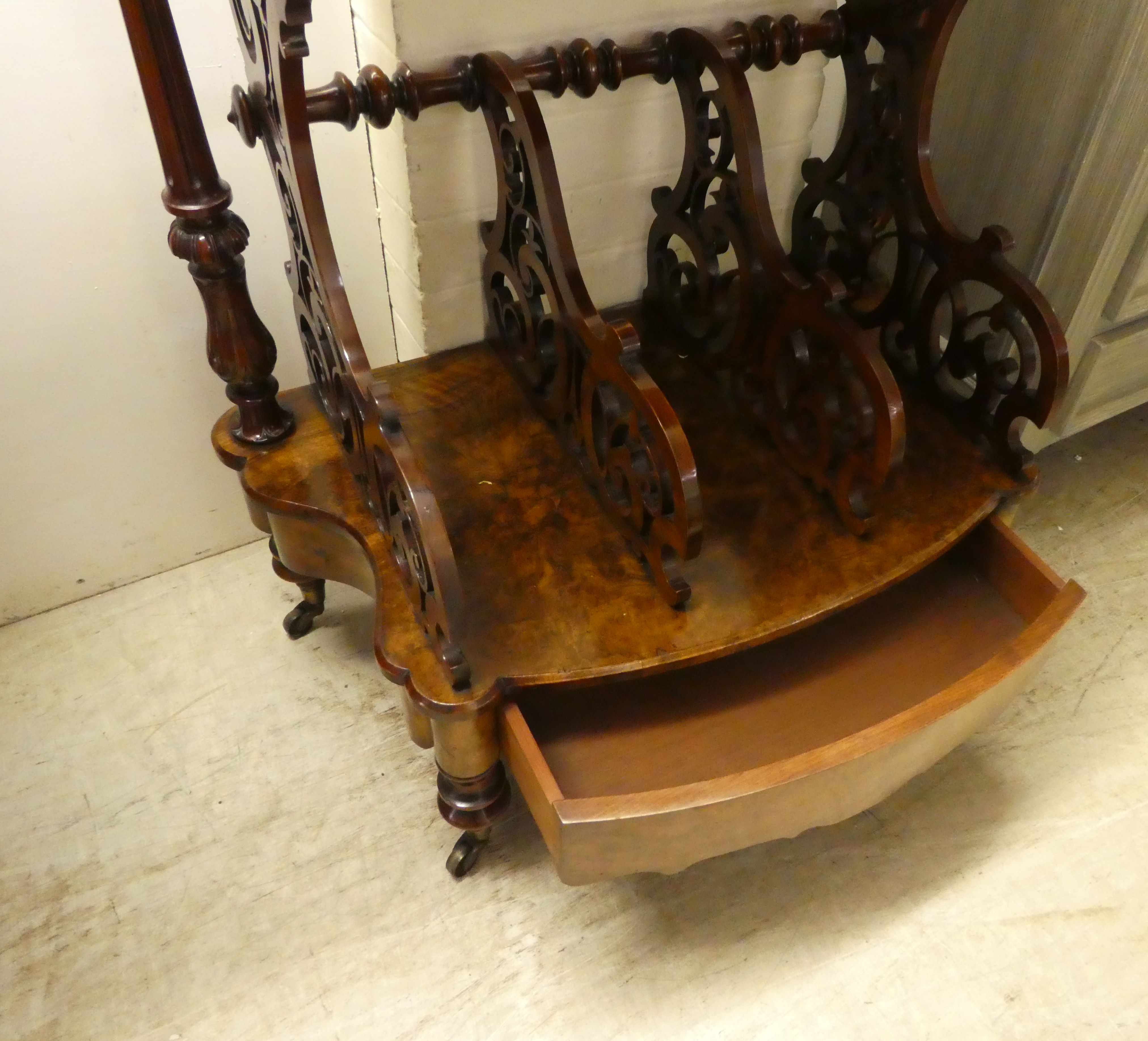 A late Victorian walnut what-not Canterbury with a pierced gallery, over three divided sections - Image 4 of 4