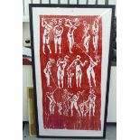 A study of figures playing golf  print  bears a pencil signature  55" x 29"  framed