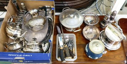 Silver plated tableware: to include serving bowls  various sizes; a toastrack; and casters