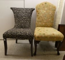 Chairs: to include a bedroom chair, upholstered in leopard print fabric, raised on splayed feet
