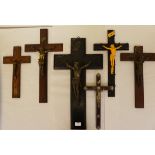 Six dissimilar crucifixes with variously cast metal Corpus Christi  largest 24"h