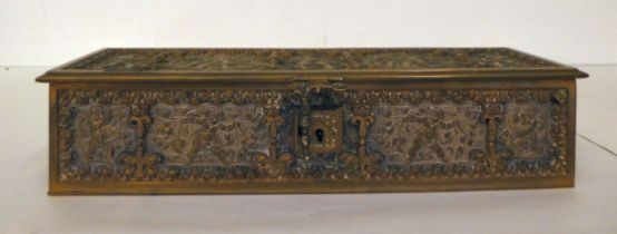 A 19thC brass casket with a hinged lid and clasp, decorated with cherubic figures  3.5"h  13"w