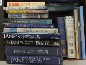 Books, mainly ship related: to include 'Janes Fighting Ships' in three volumes