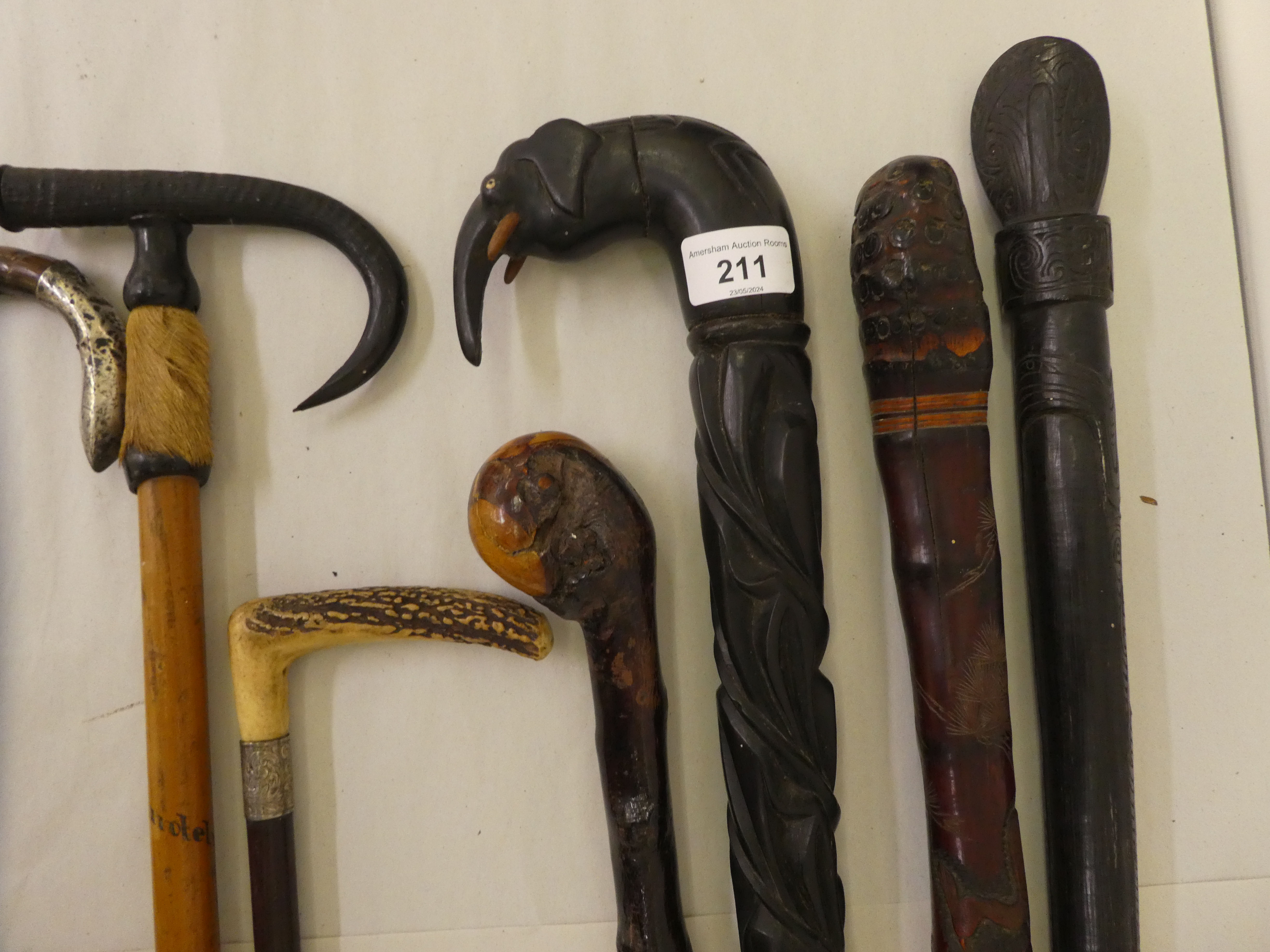 Walking sticks: to include an ebony example with an elephant carved handle - Image 3 of 6