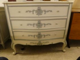 A modern cream painted three drawer serpentine front commode, raised on cabriole legs  34"h  45"w