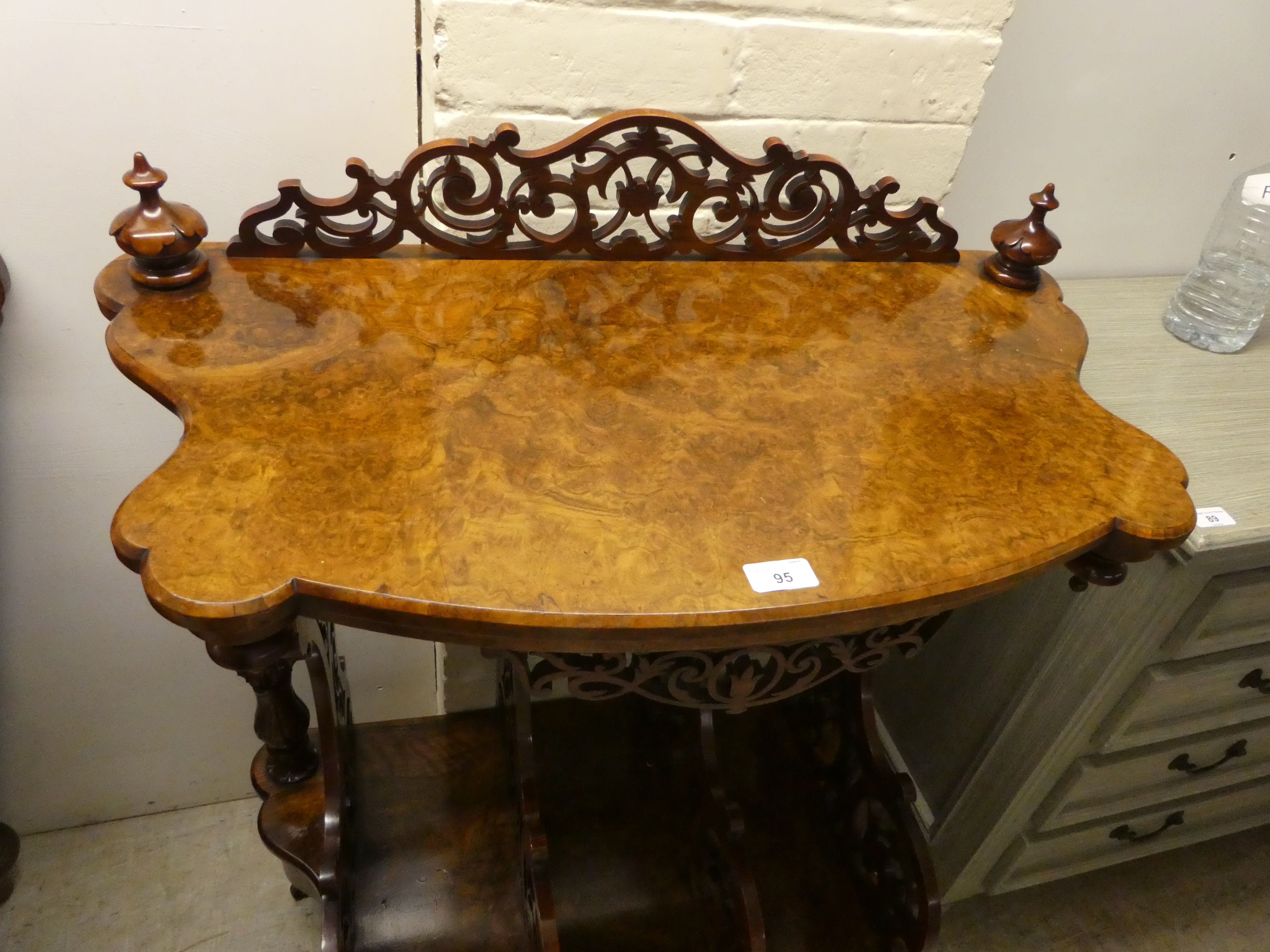 A late Victorian walnut what-not Canterbury with a pierced gallery, over three divided sections - Image 3 of 4