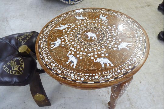 An Indian style faux bone/ebony inlaid, teak occasional table  18"h  18"dia; and a saddle stool - Image 3 of 4