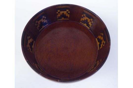 An early 20thC turned fruitwood bowl with straight sides and geometrically arranged marquetry panels - Image 2 of 3