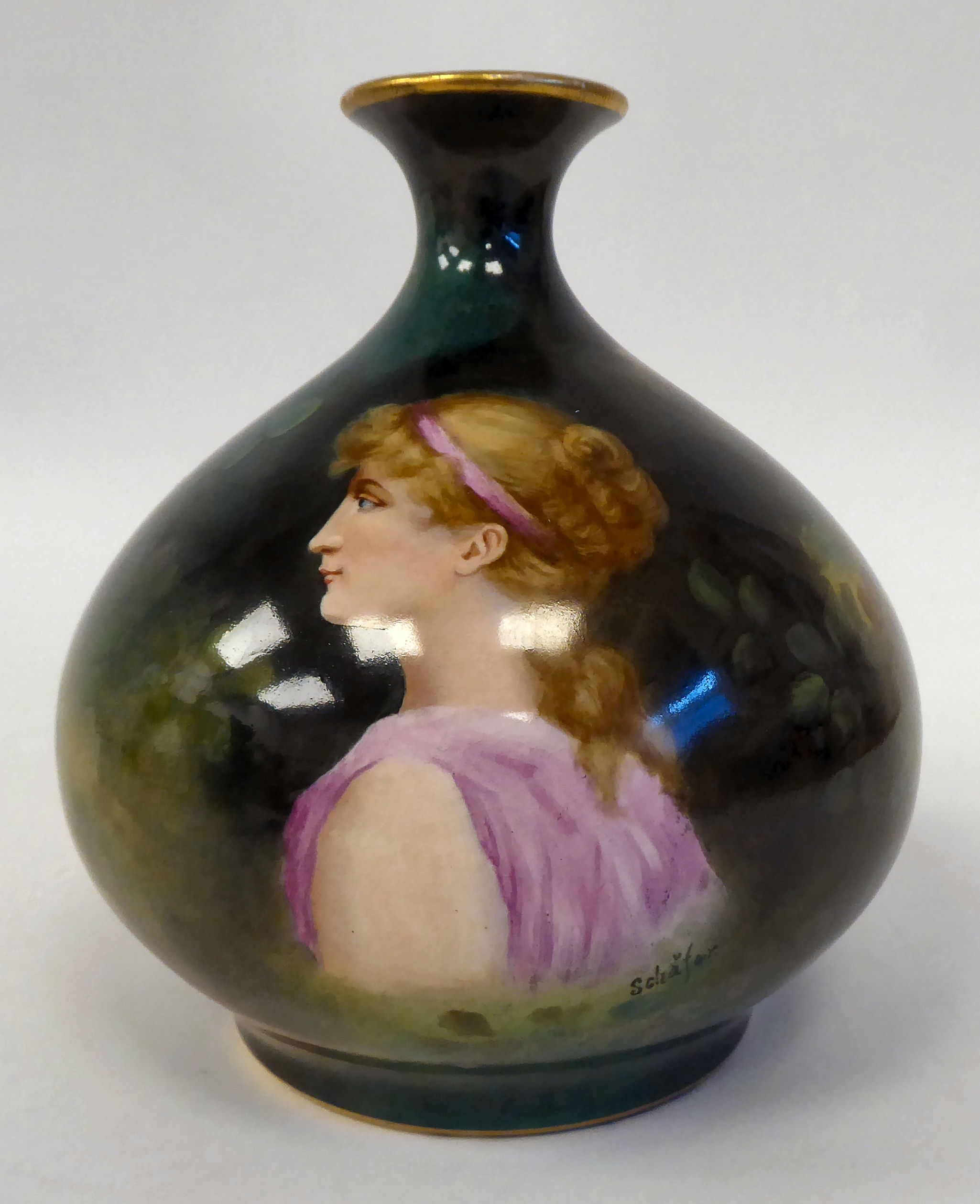 A late 19thC German porcelain bulbous bottle vase with a short, rolled neck and flared rim,