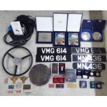 Motor themed items: to include number plates, on an MG steering wheel  17"dia