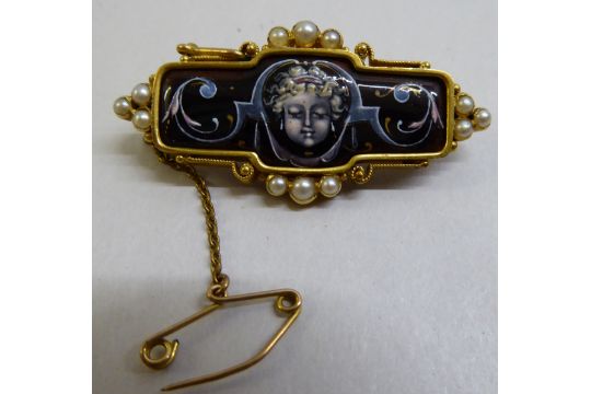 A late Victorian yellow metal mourning brooch with enamelled decoration, set with seed pearls - Image 2 of 3