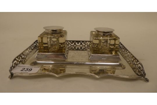 A silver standish, the galleried tray with a pen channel and a pair of cast glass and silver - Image 2 of 4