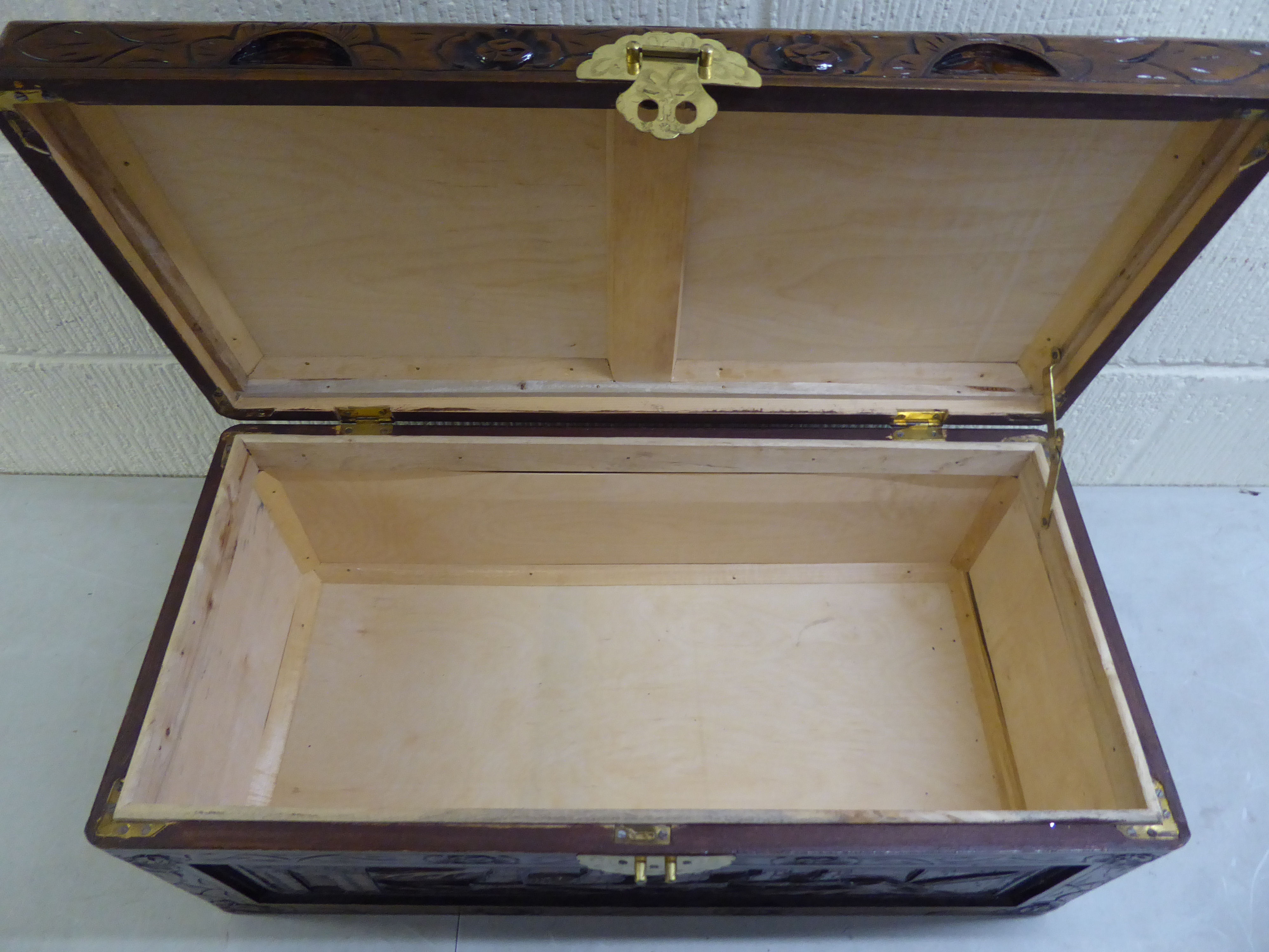 A modern Chinese carved and varnished hardwood chest with straight sides and a hinged lid  11"h - Image 4 of 4