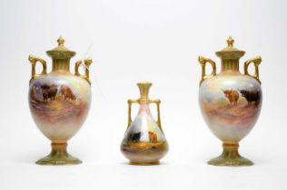 A pair of Crown Devon Fieldings twin handled urn vases and covers